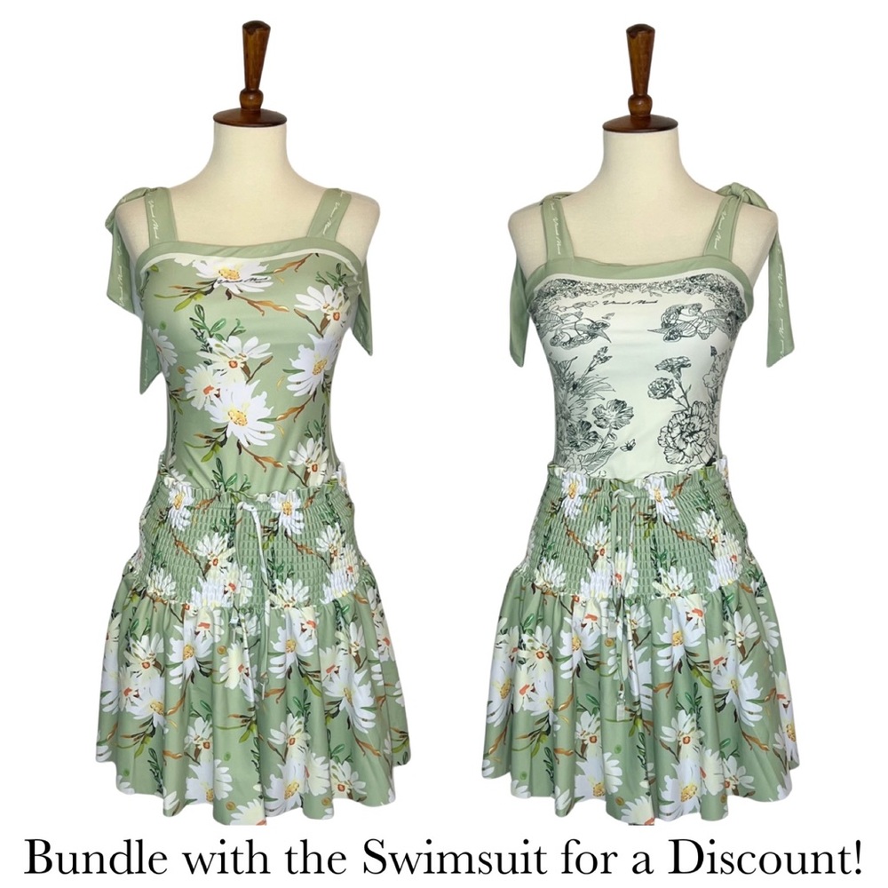 Retro Pale Green Floral Shirred High Waist Drawstring Beach Skirt - Picture 13 of 16